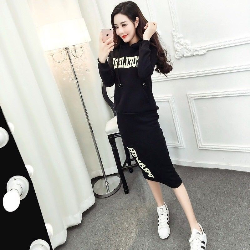 Set Áo Hoodie Phối Chân Váy Vải Nhung Dày Kiểu Hàn Quốc Thời Trang Cho Nữ