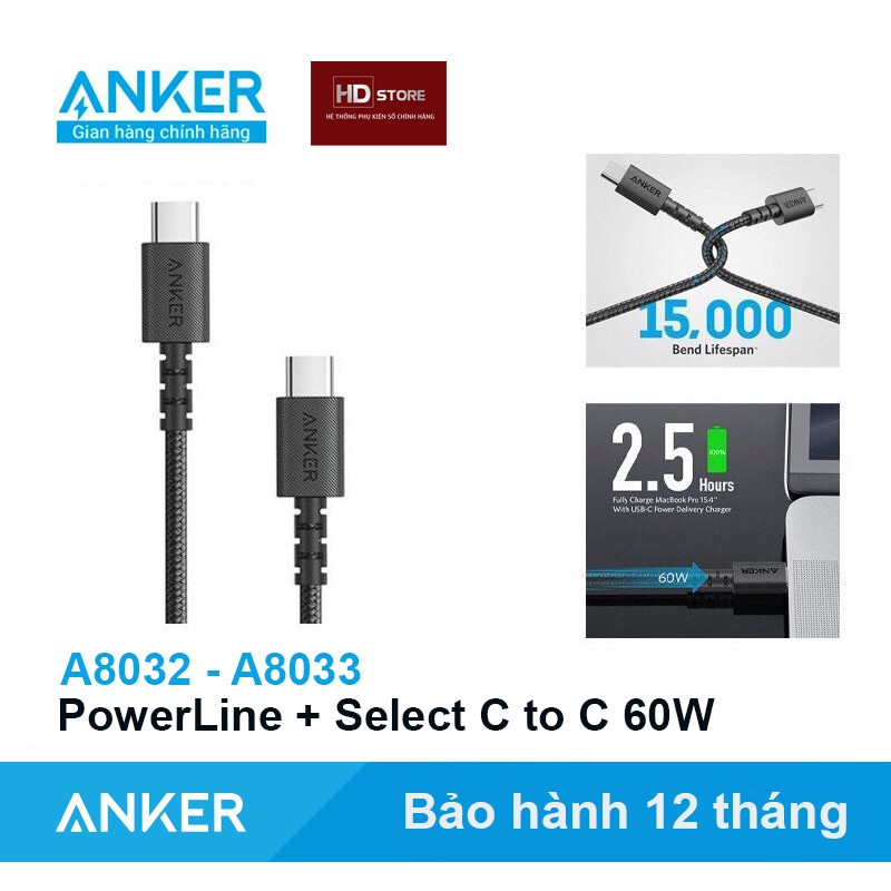 Cáp Anker Powerline Select Type C to Type C 60W 3A C to C A8032 A8033 Samsung 25W PD dài 0.9 1.8 Mét