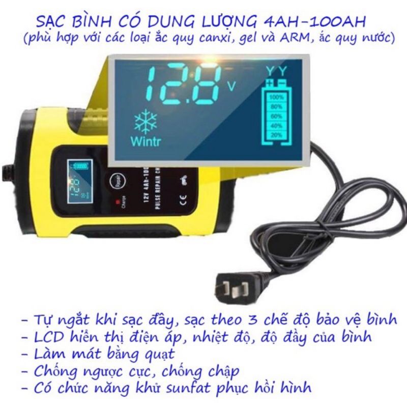 Sạc bình ắc quy 12V FOXSUR tự ngắt khi đầy chức năng bảo dưỡng phục hồi ắc quy bằng