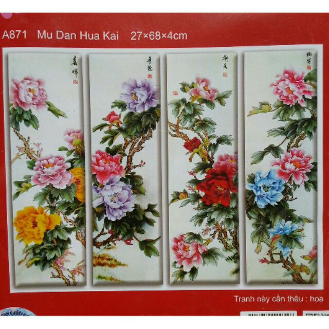 Tranh thêu chữ thập TỨ QUÝ MẪU ĐƠN( A871.)27×68cm×4