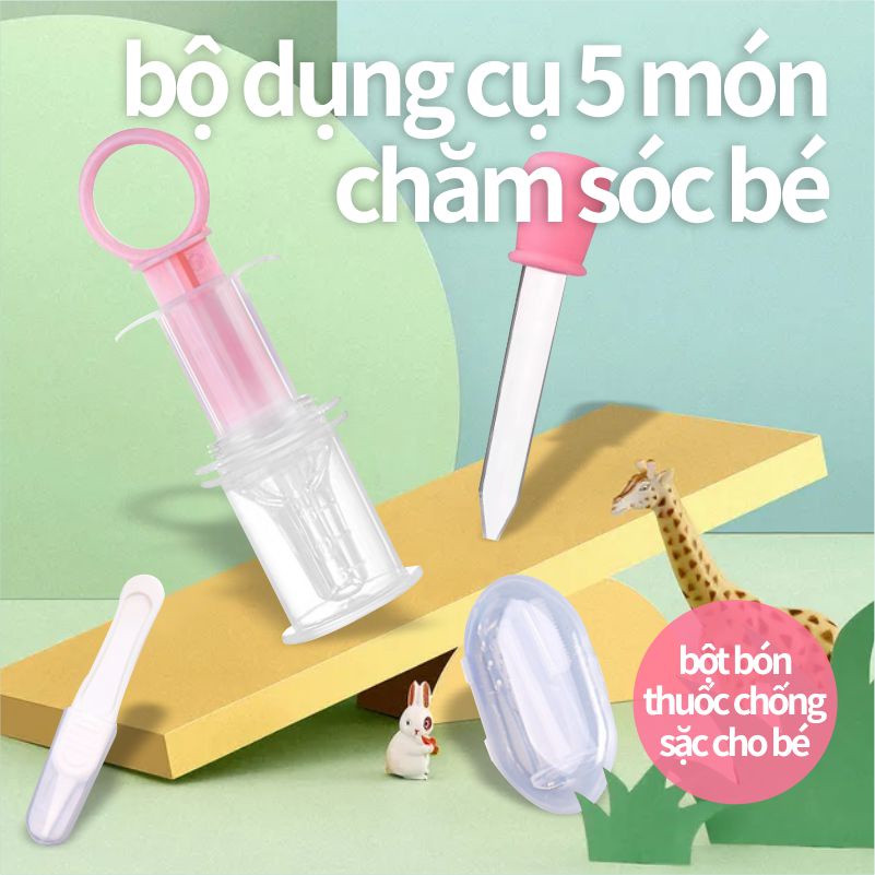 Bộ bón thuốc cho bé 5 món có báo nóng, ống bón thuốc nhỏ giọt, thìa ăn dặm kèm ống bón kim tiêm