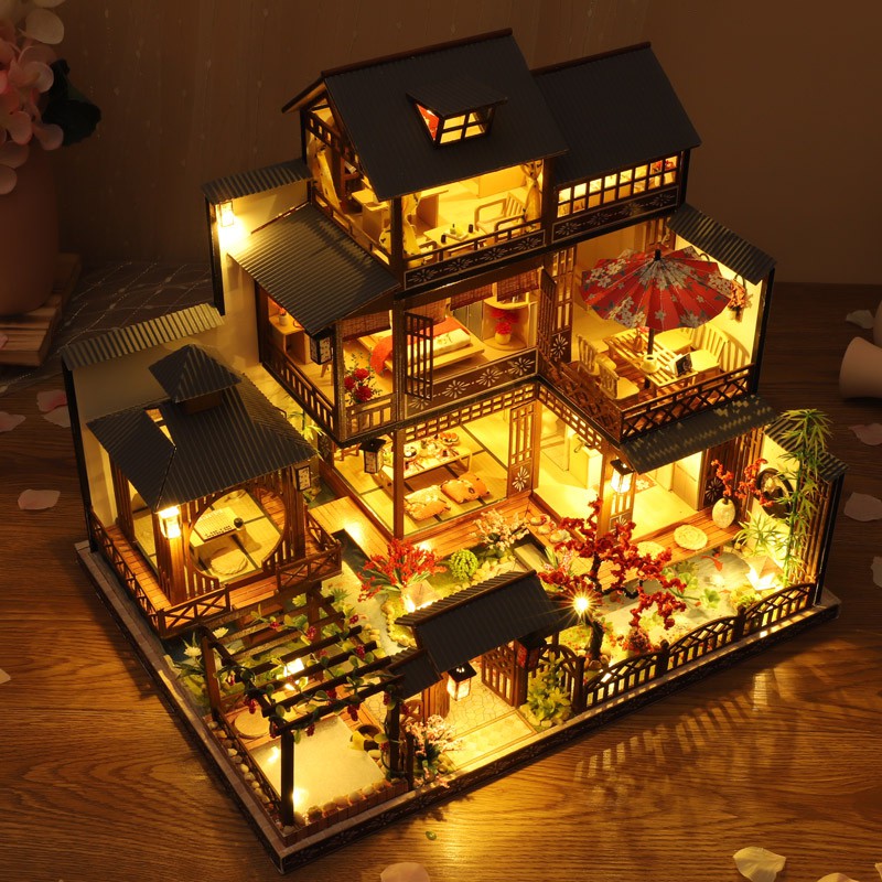 Mô hình nhà DIY Doll House Japanese Three - Layer Villa Kèm Mica Chống bụi, Bộ dụng cụ, Keo dán và Bộ phát nhạc