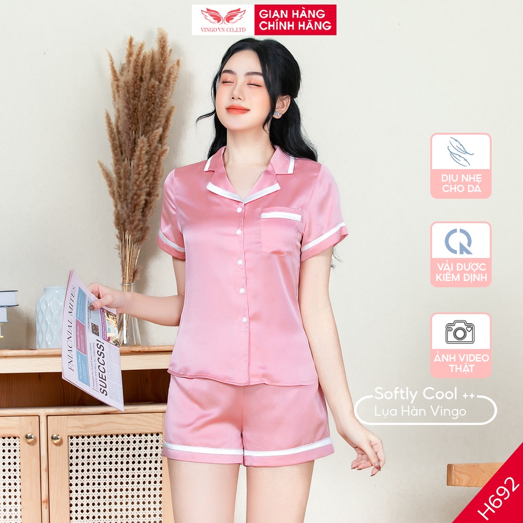 Pijama lụa đồ bộ ngủ mặc nhà cao cấp mùa hè VINGO tay ngắn quần đùi trơn viền trắng dễ thương H692 VNGO
