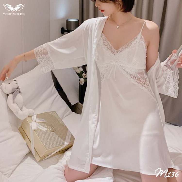 Set Áo Choàng Lụa Kèm Váy Ngủ 2 Dây VINGO Kiểu Tay Lỡ Cao Cấp Phối Ren Gợi Cảm Sexy M136 VNGO