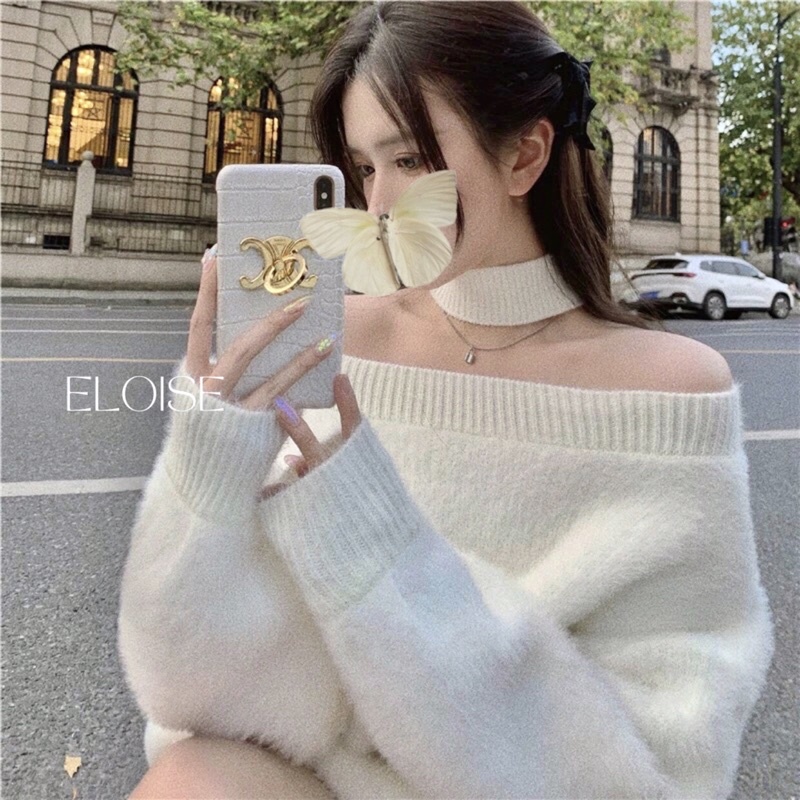 Áo len trễ vai lông thỏ tiểu thư choker trắng oversize loại 1-video thật | BigBuy360 - bigbuy360.vn