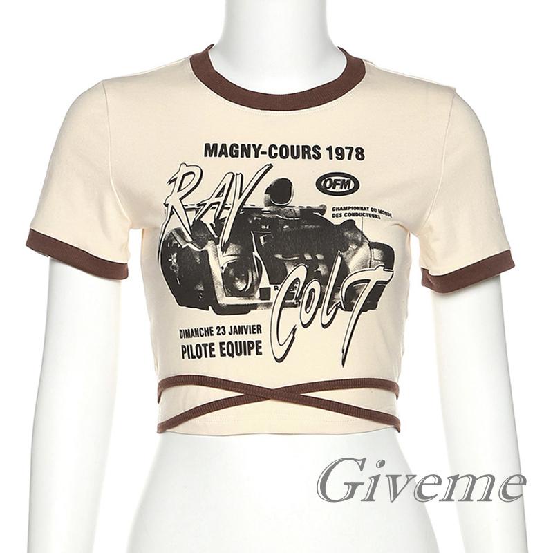 Áo Thun Crop Top Tay Ngắn Cổ Tròn In Họa Tiết Hoạt Hình Xe Hơi Thời Trang Cho Nữ