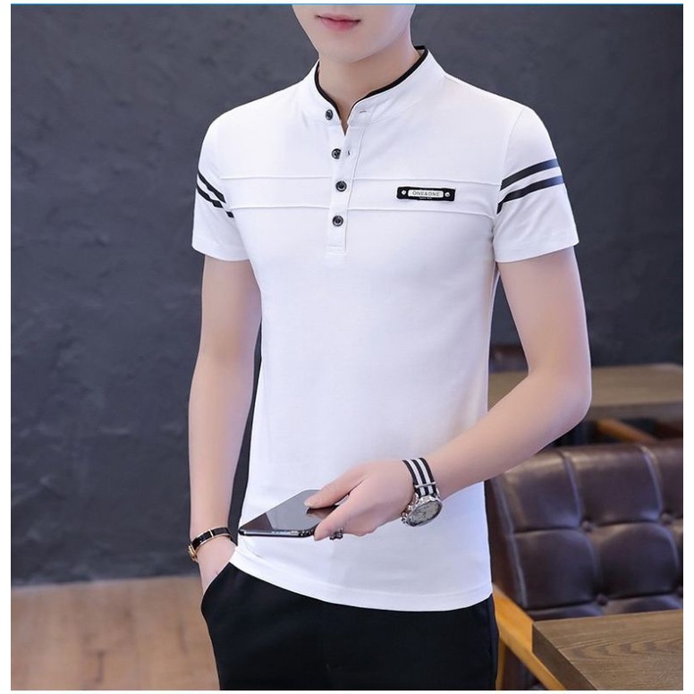 Áo thun nam body cổ trụ ngắn tay sọc viền chất cotton co giãn thoáng mát thời trang hàn