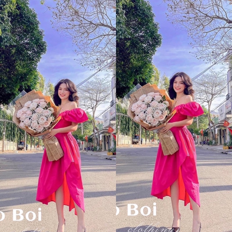 Đầm thô trễ vai màu hường vạt đắp chéo siêu xinh (kèm ảnh thật)