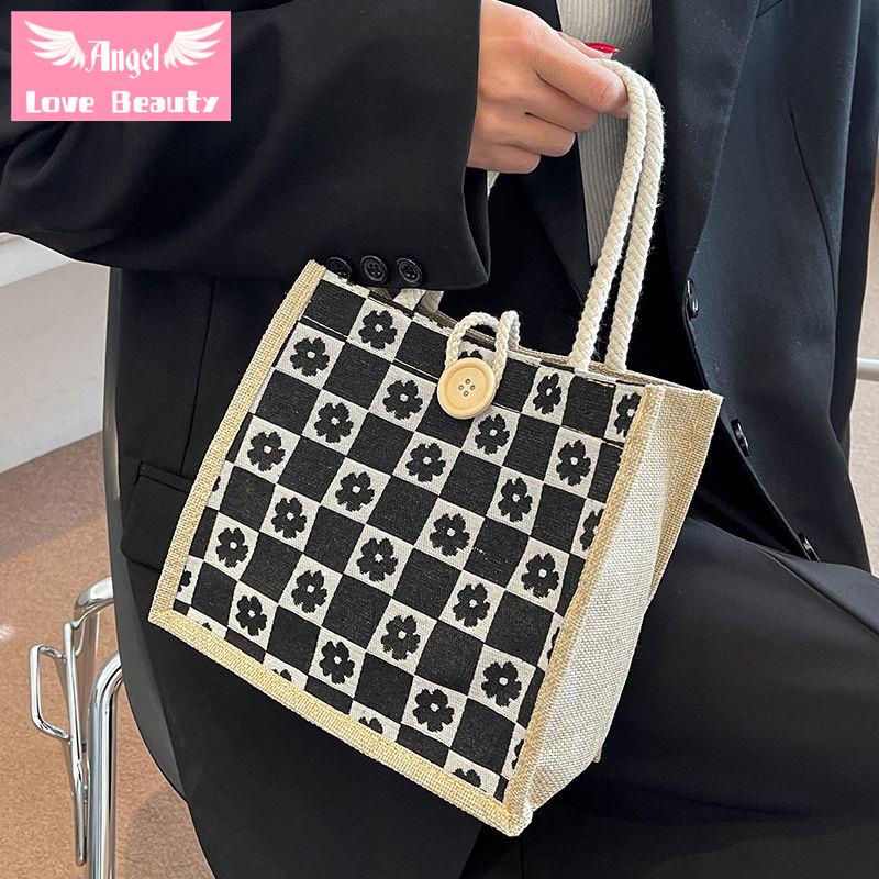 Túi Tote Vải Lanh Cao Cấp Hình Vuông Nhỏ Phong Cách ins Mới 2022 Dùng Đựng Cơm Trưa