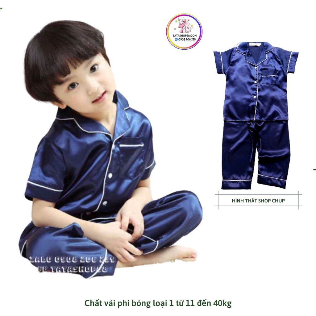 11-40kg Bộ pijama lụa phi bóng tay ngắn quần dài bé trai bé gái mặc đẹp cao cấp