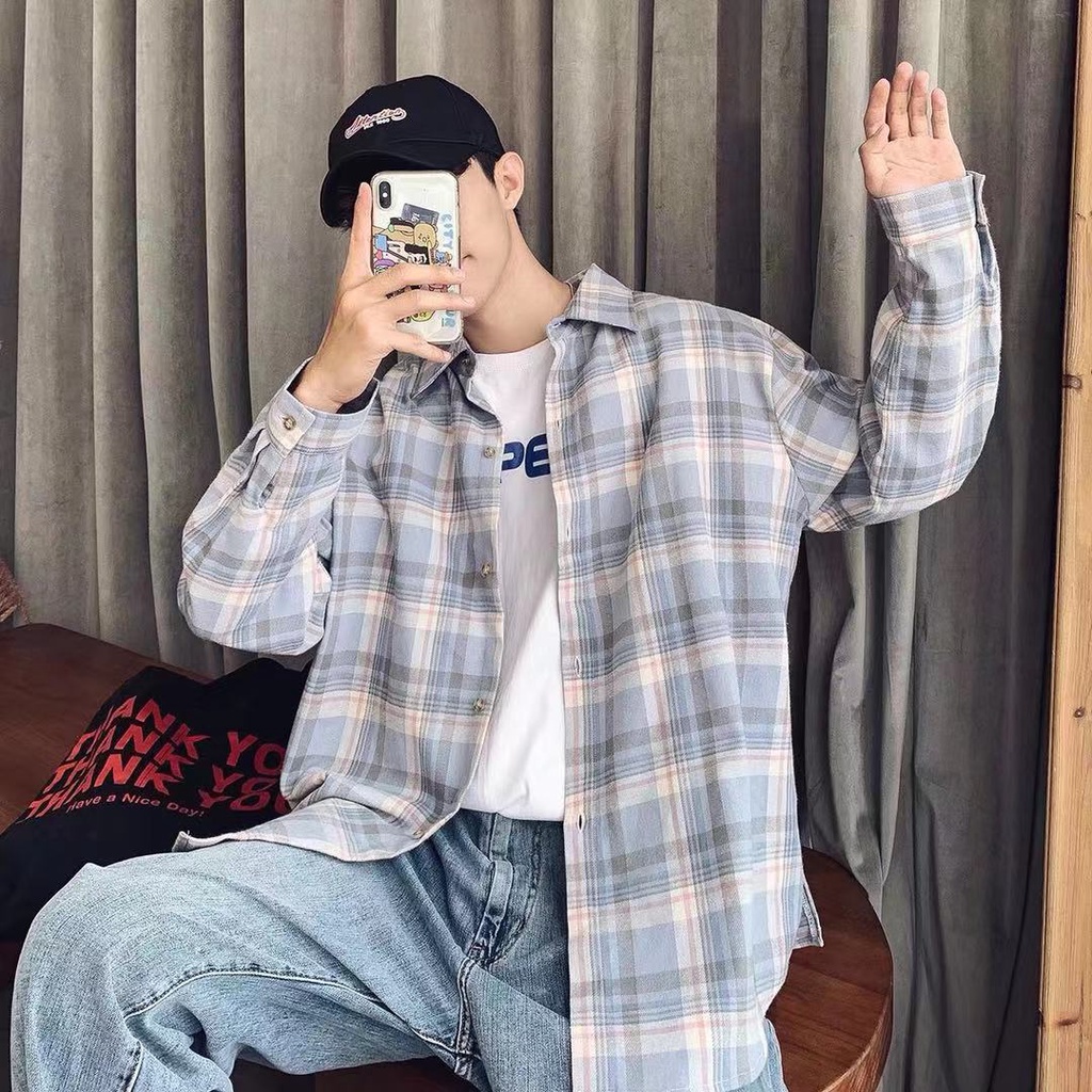 Áo sơ mi nam tay dài dáng rộng họa tiết caro thời trang phong cách Hàn Quốc size S-3XL