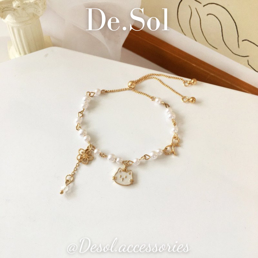Vòng tay, lắc tay Milcah dây rút mặt mèo phối hạt ngọc BL016 Desol.accessories