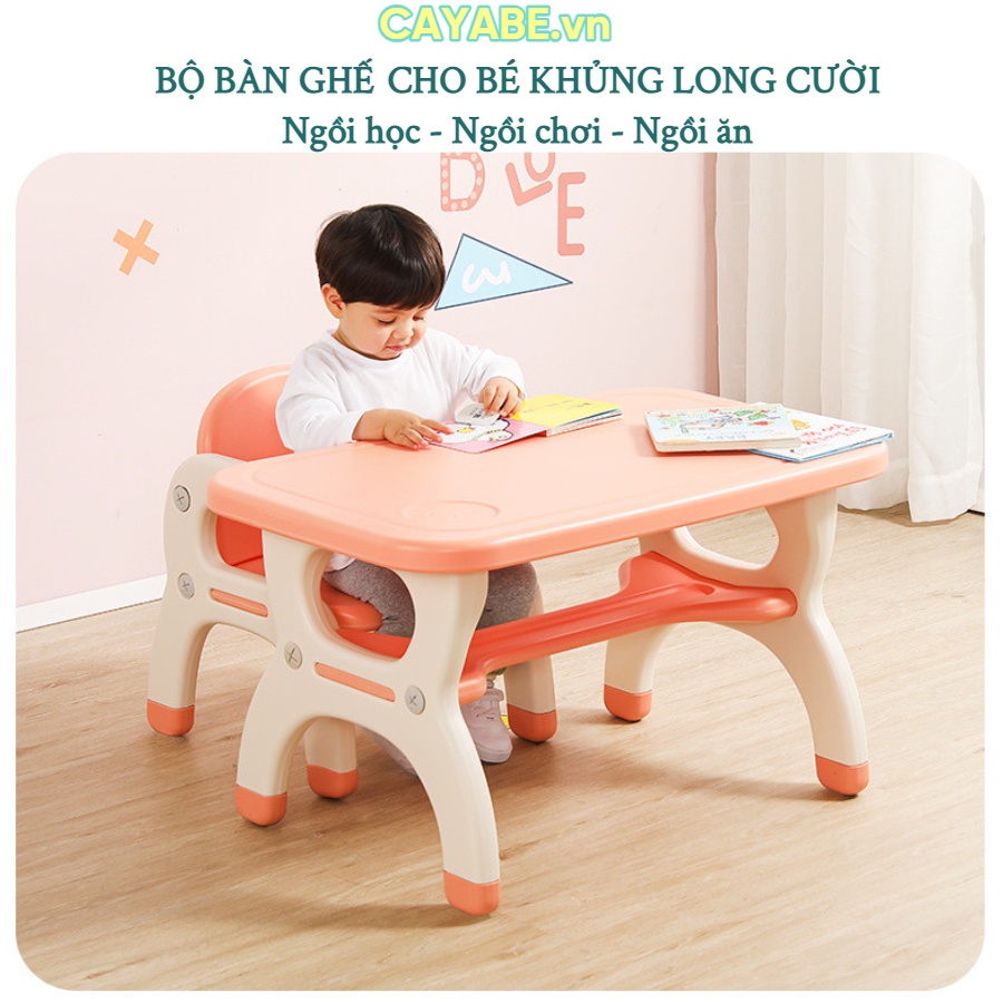 Bộ bàn ghế nhựa cho bé mầm non, tiểu học khủng long FINLEY ngồi học, chơi, vẽ, bàn ghế ăn cho bé mẫu giáo cam - vàng