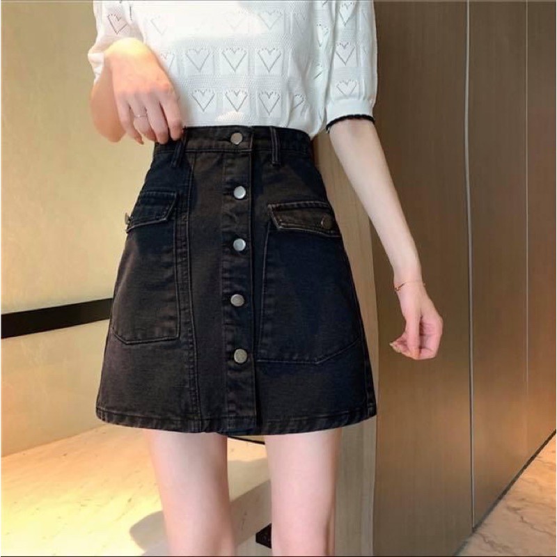 Chân váy jean denim ngắn nữ chữ a dáng suông xoè nút dài có túi - Order taobao quảng châu