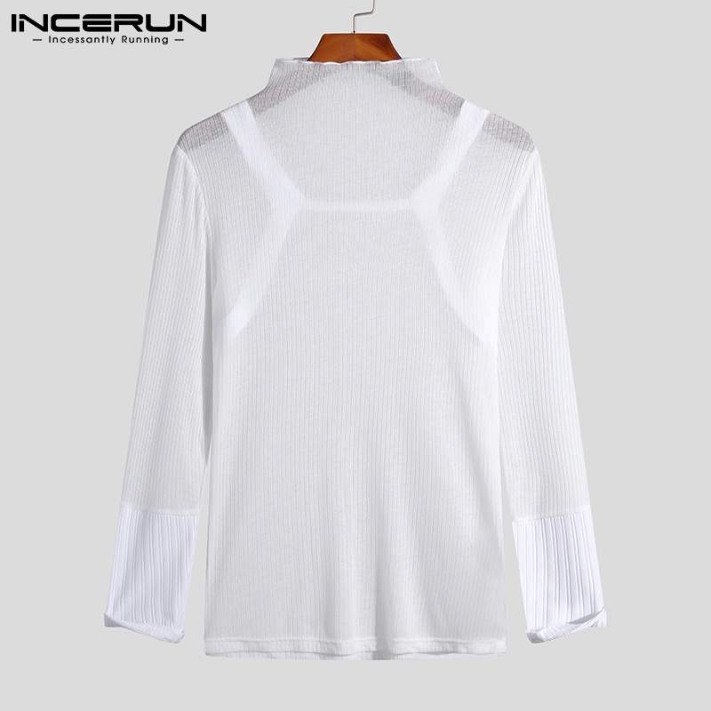 Áo thun INCERUN cổ lọ tay dài xuyên thấu thời trang nam tính