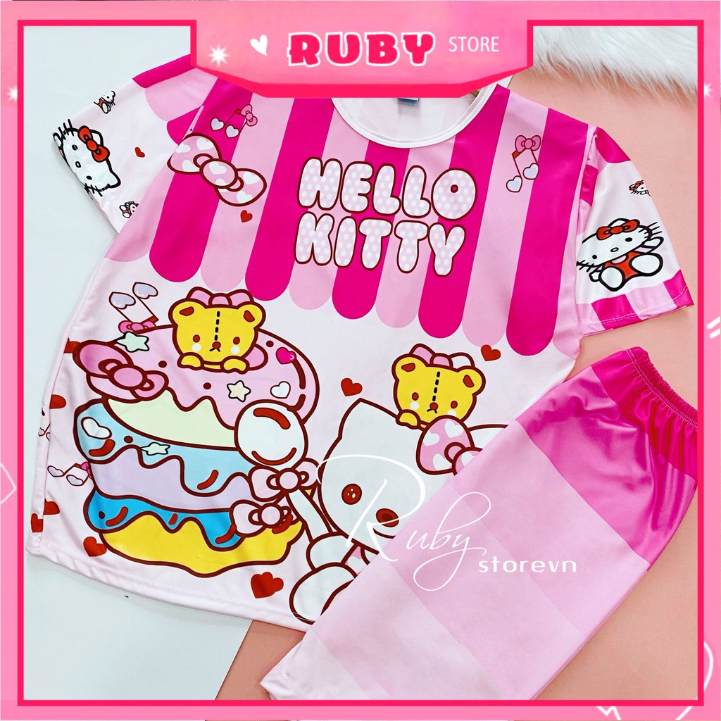Đồ bộ thun QUẦN LỬNG cho bé mặc nhà size đến 70kg vải mềm mát in hình Doremon kitty Hoạt hình dễ thương DBRBL FULL SIZE