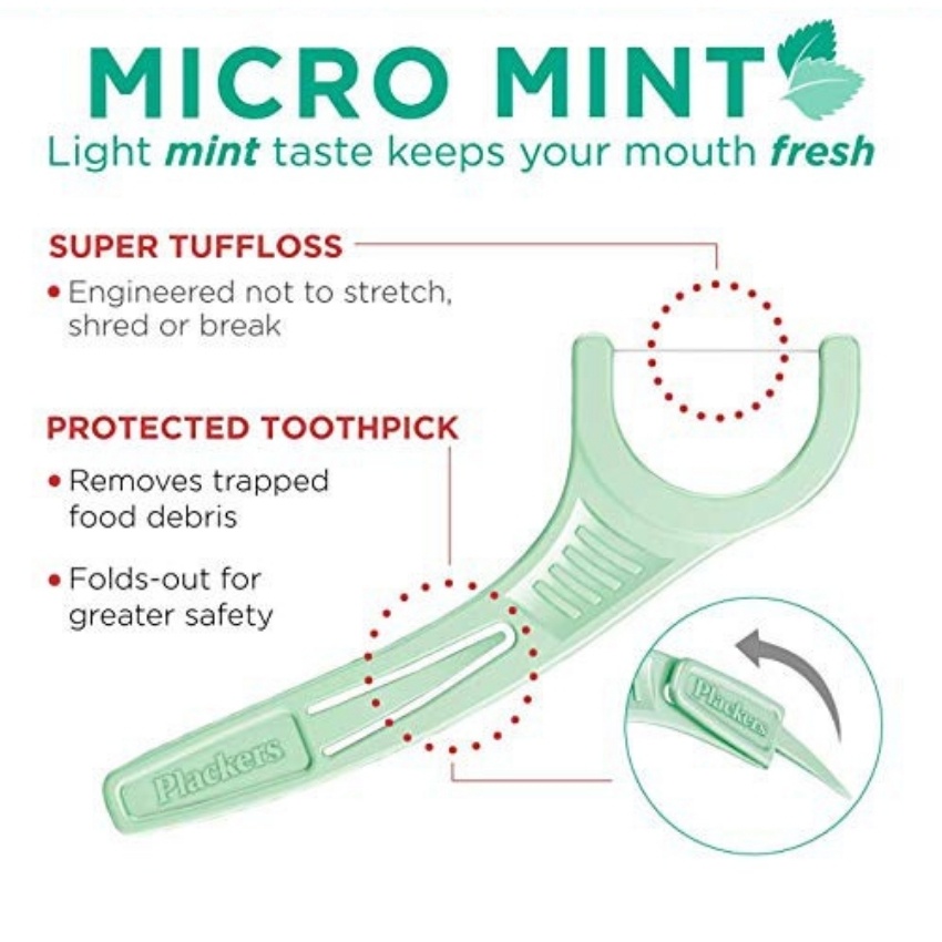 [HCM]Tăm nha khoa Plackers Micro Mint Hương Bạc Hà Giúp làm sạch mảng bám chân răng bịch 150 cây của Mỹ Famacoco