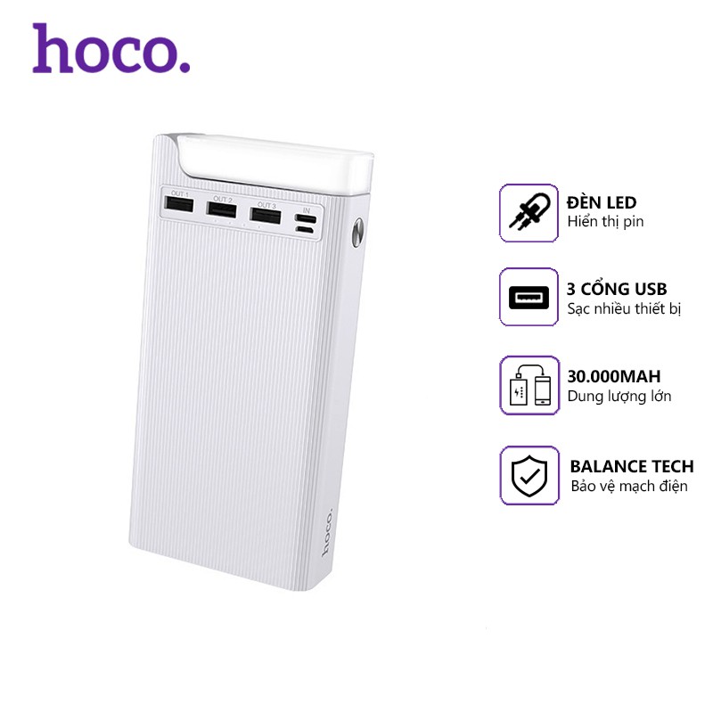 Pin dự phòng Hoco J62 3 cổng USB 2.0A, 30000mah, có đèn led, tương thích nhiều thiết bị