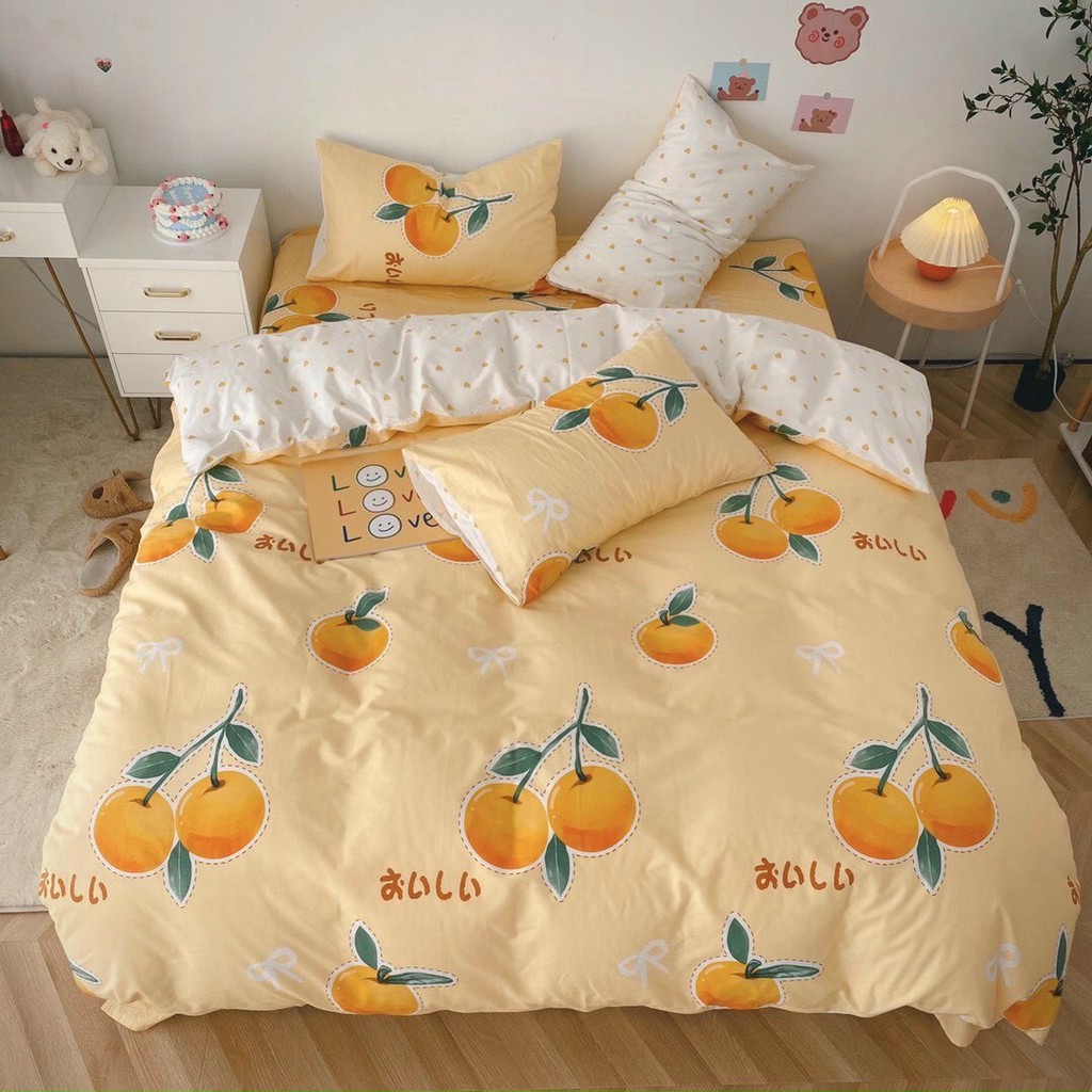 Bộ TRÁI CAM HÀN QUỐC set chăn ga gối COTTON LIVING 100%