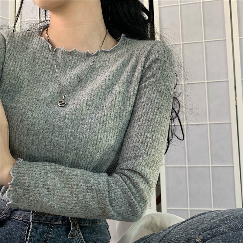 Áo len nữ mỏng hoạ tiết kẻ sọc form rộng phong cách Hàn Quốc, Áo thun dệt kim mỏng dài taytay dáng rộng thu đông mới