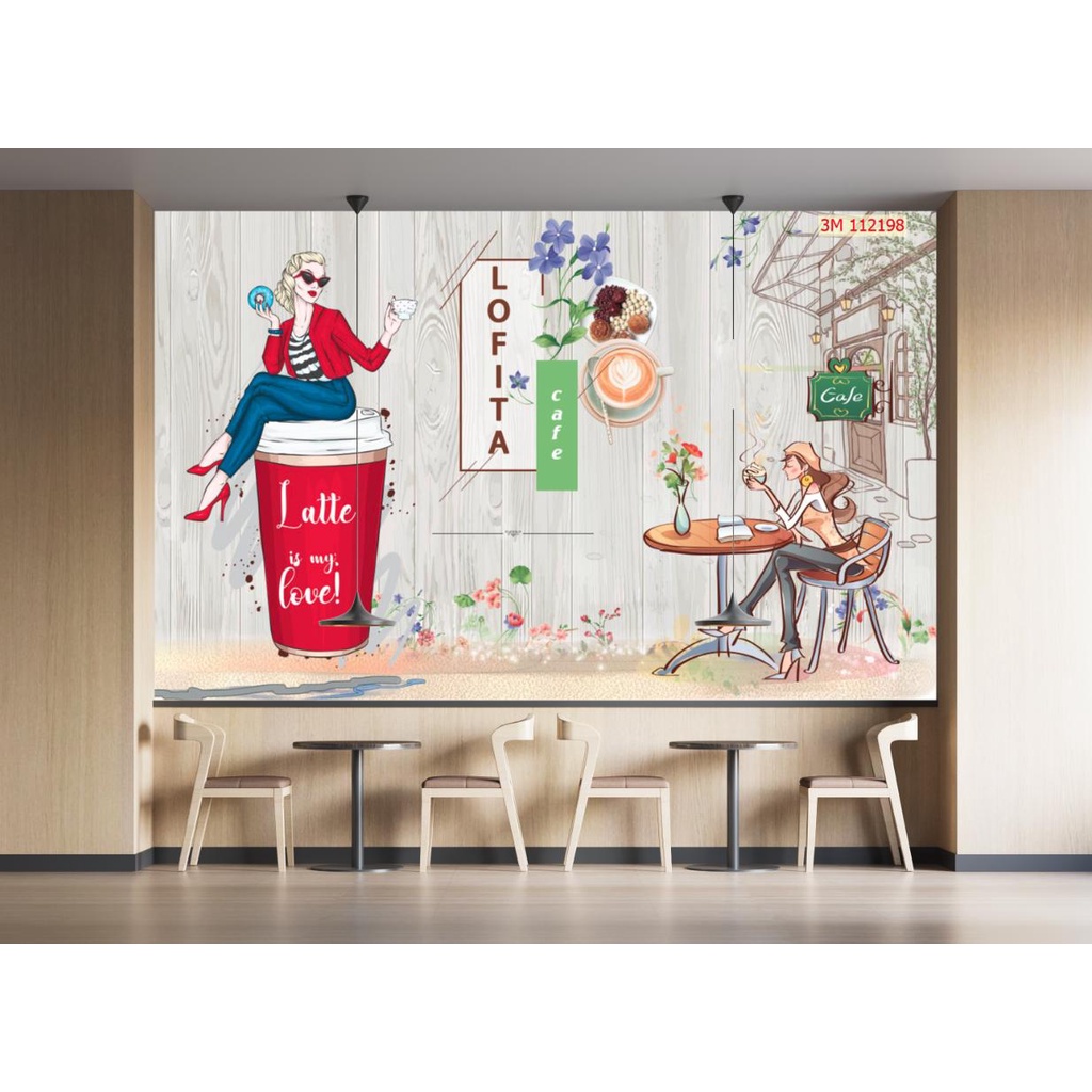 Tranh dán tường 3D trang trí quán cafe trà sữa trà chanh chất liệu decal pp keo sẵn giá rẻ đẹp 007