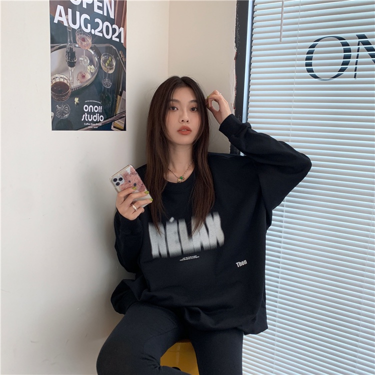 Áo Nỉ Cổ Tròn Lót Nhung Dày Dặn In Chữ Thời Trang Mùa Thu Cho Nữ