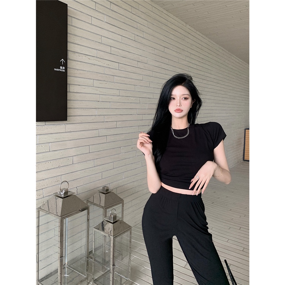 Cocory vn Set Áo Thun Hở Lưng + Quần Dài Ống Đứng Thời Trang Nữ