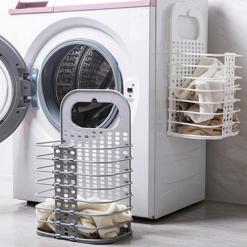 Giỏ nhựa đựng quần áo dán tường, treo đồ giặt đa năng gấp gọn
