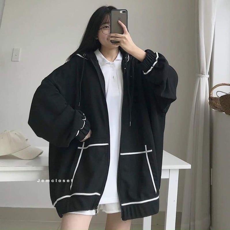 Áo Khoác Hoodie Dây Kéo Viền Tay Bồng Unisex❤Jacket Form Rộng Có Mũ Màu ĐEN | HỒNG Ulzzang Hot Hit ❤️ | BigBuy360 - bigbuy360.vn
