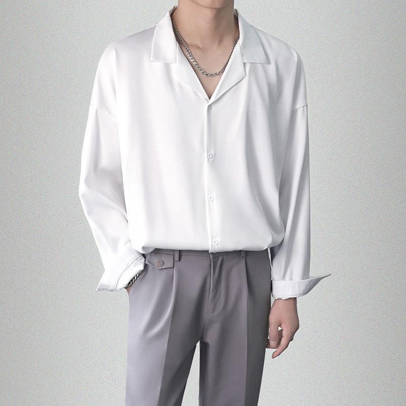 áo sơ mi nam Cổ Vest trắng đen dài tay kiểu mới hàn quốc cao cấp công sở dáng ôm body vải lụa trơn không nhăn co giãn