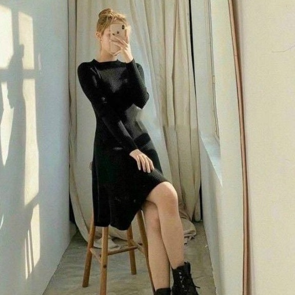 Đầm gân tay dài phôm xoè_UN