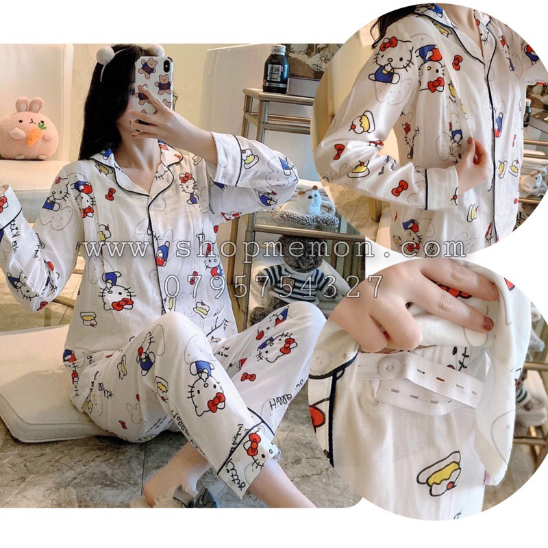 Pijama Sau Sinh Cho Con Bú Chất Xô Nhật Tay Dài Quần Dài Hoạ Tiết Hello Kitty Mẫu Mới 2021