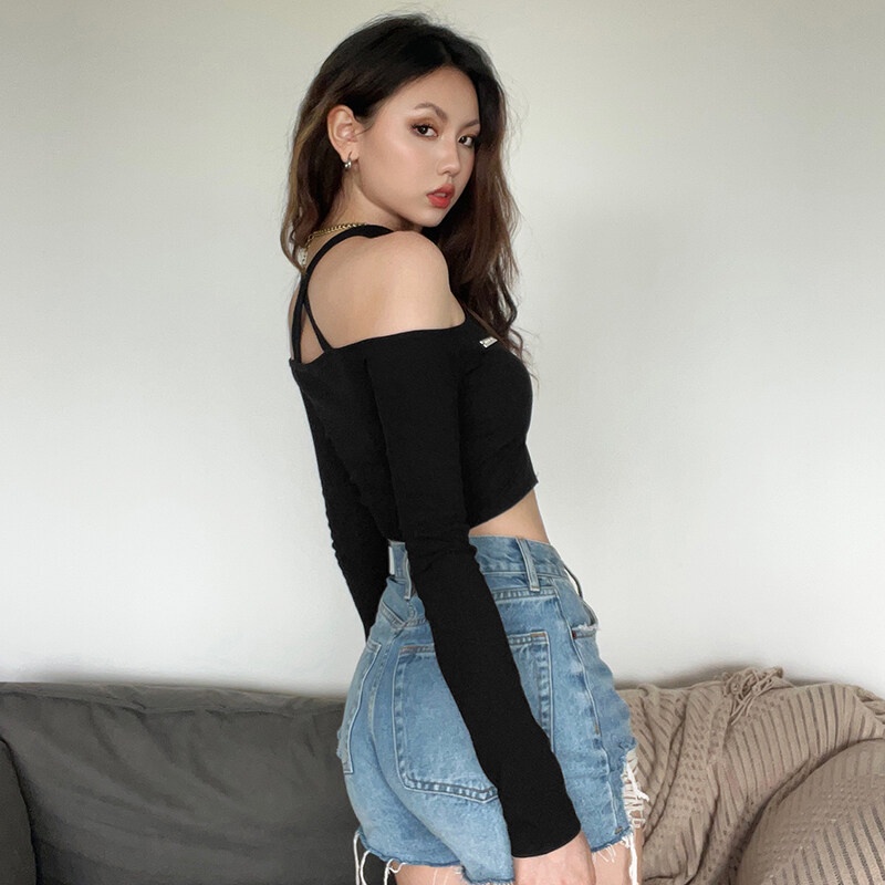 Kliou 2023 Mới Áo croptop nữ Kliou tay dài hở vai gợi cảm phong cách Châu Âu thời trang thường ngày