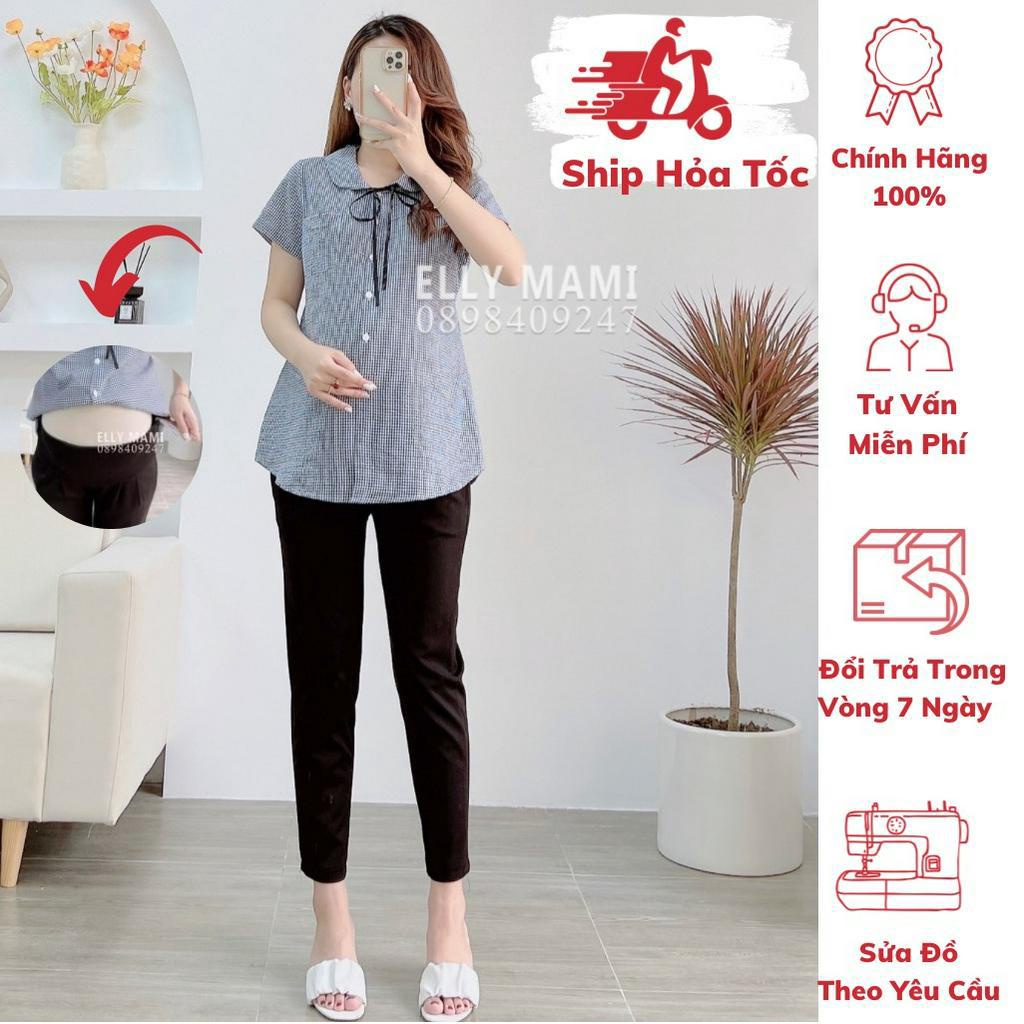 ( 40kg - 65kg )[Cúc Mở Bé Ti] Set Áo Bầu , Bigsize Sau Sinh Kẻ Cổ Sen Nơ Đen Form Dễ Mặc Thoải Mái Suốt Thai Kì&amp;Sau Sinh