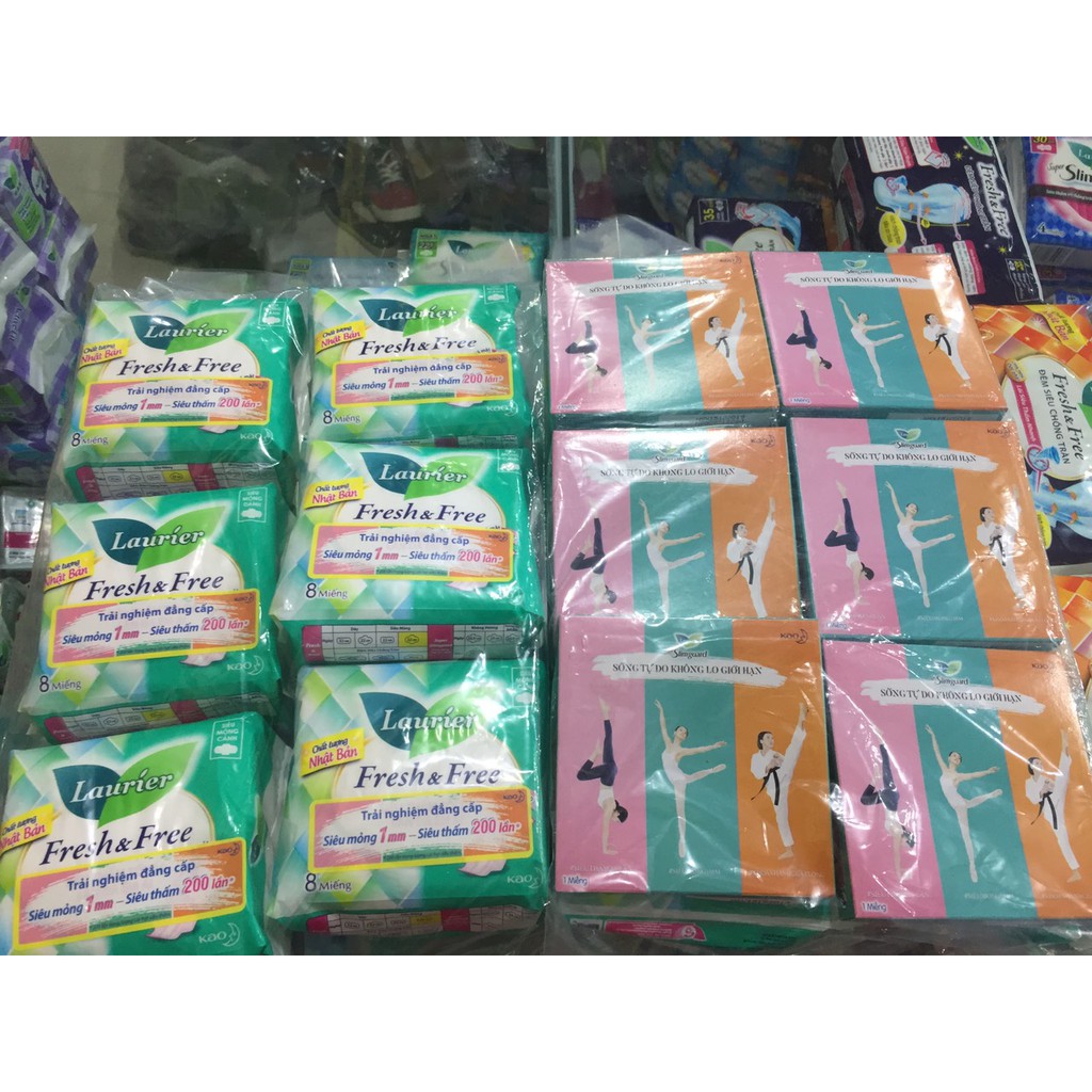 CHE TÊN Băng vệ sinh siêu mỏng cánh Laurier Fresh & Free  + Tặng kèm 1 băng vệ sinh ban ngày 22.5cm