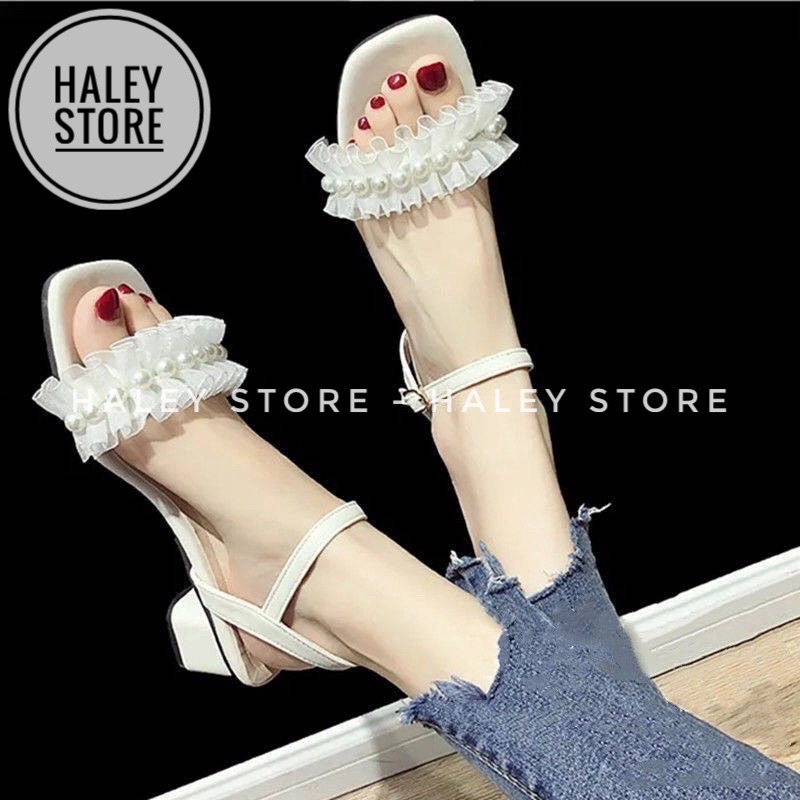 Giày sandal nữ HALEY STORE gót vuông cao 7cm dễ đi quai ngang đính ren ngọc tiểu thư đi chơi đi tiệc đi cưới cô dâu