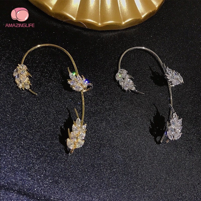 Khuyên Kẹp Vành Tai Hình Lông Vũ Đính Đá Zircon Bằng Hợp Kim Không Xỏ Lỗ Phong Cách Hàn Quốc Dành Cho Nữ