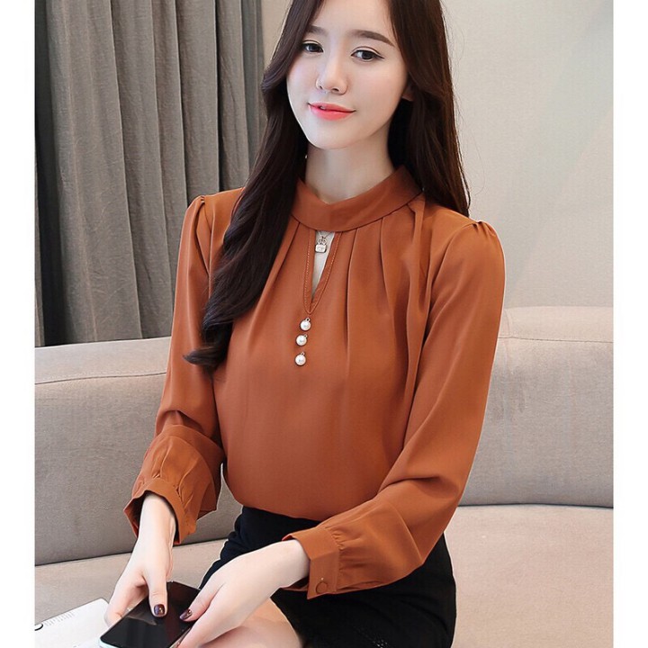 Áo kiểu cổ lọ phối nút sang trọng - nhiều size và màu, form dáng chuẩn dễ mặc công sở, dự tiệc