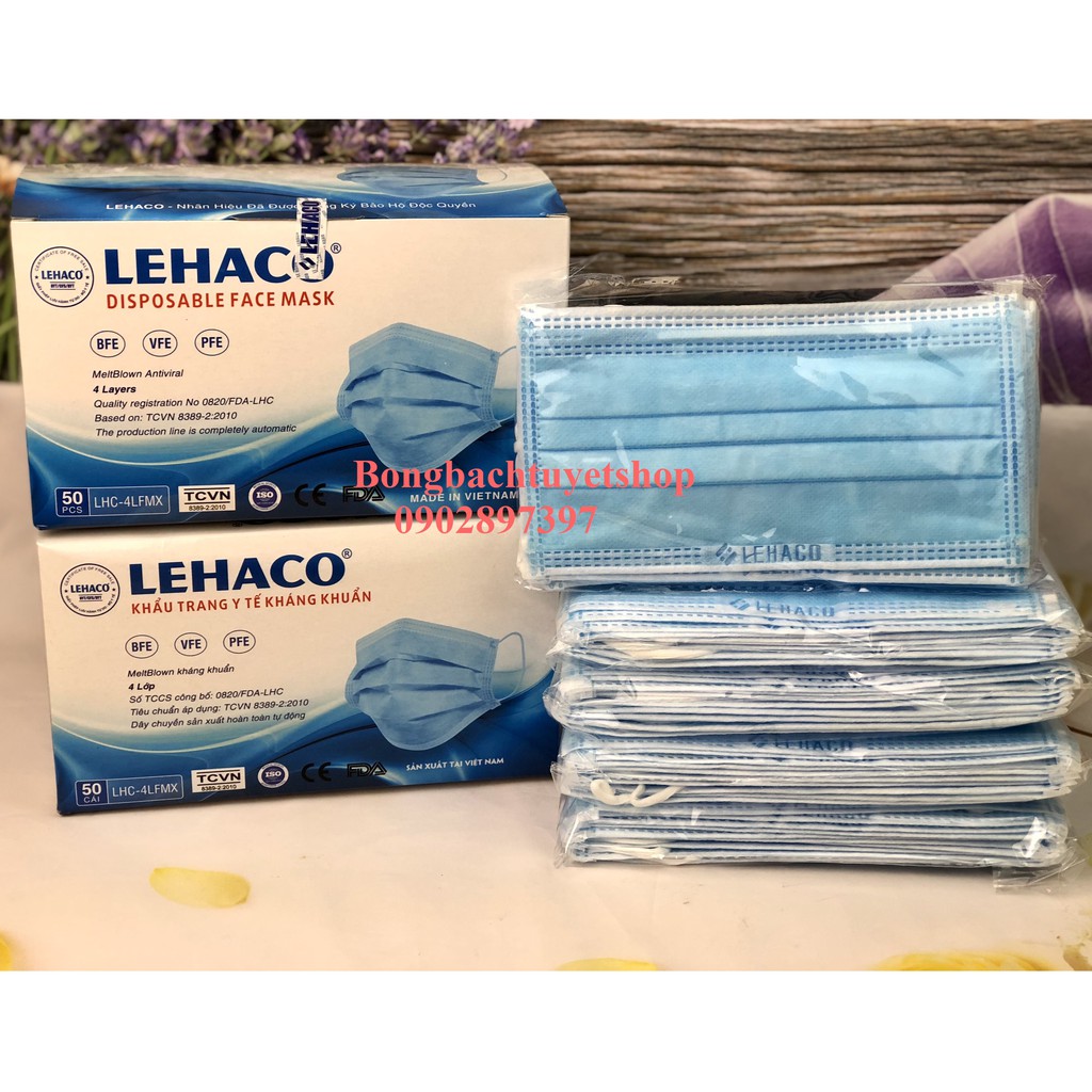 Khẩu trang Lehaco 4 lớp giấy kháng khuẩn màu Xanh / Hồng / Trắng / Xám 50 cái/ hộp