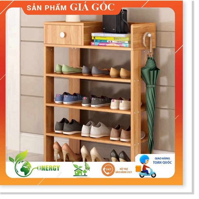 Kệ Để Giày Dép 5 Tầng Bằng Gỗ Cao Cấp Có Ngăn Kéo, Móc Treo Đồ Lắp Ghép Siêu Tiện Dụng