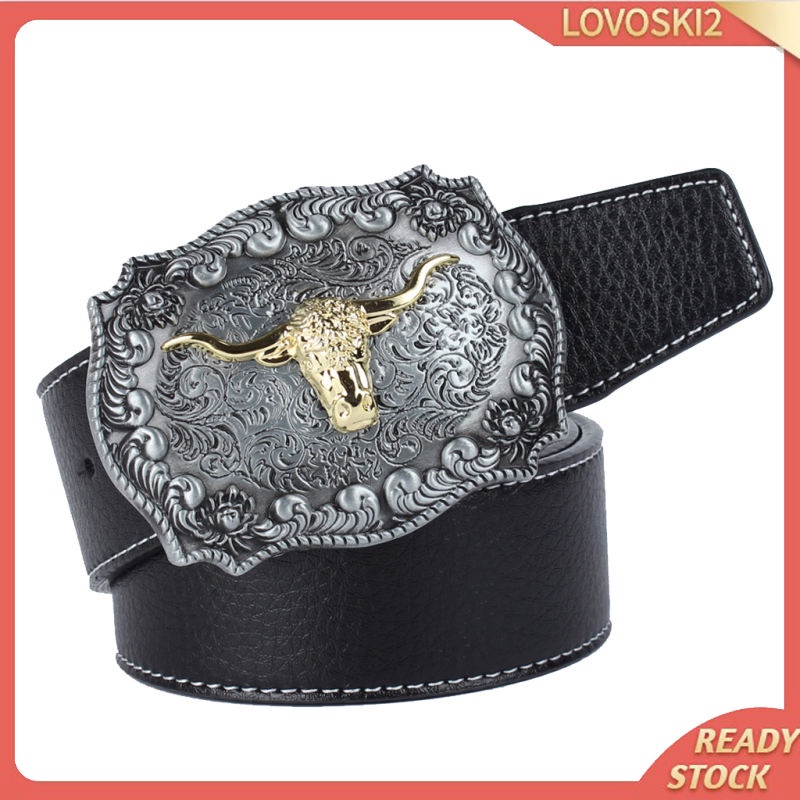 Mens Western Cowboy Leather Belt Waistband Arabesque Cow Head Buckle Black