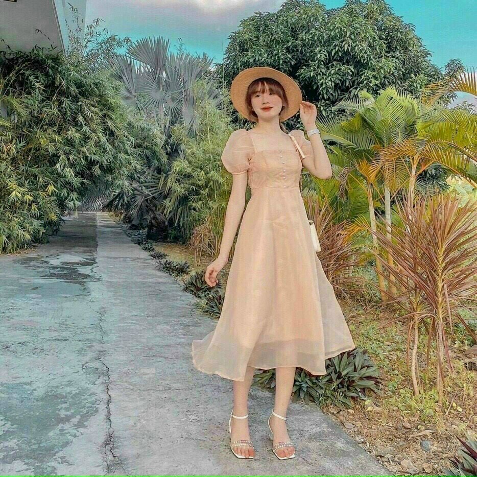 Đầm tiểu thư voan tơ cổ vuông tay phồng dáng xoè dài, váy đầm nữ đính nút công chúa dư tiệc sang trọng