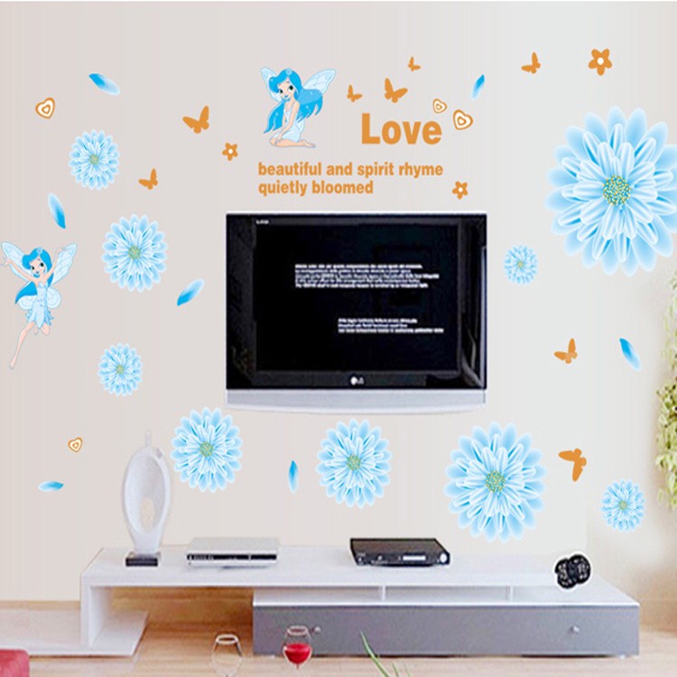 Decal giấy dán tường trang trí - Hoa Cúc Xanh nhạt bé gái thiên thần xinh
