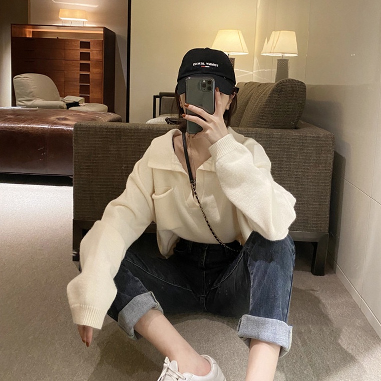 Áo sweater SUXI cổ polo dáng rộng phong cách vintage Hàn Quốc cho nữ
