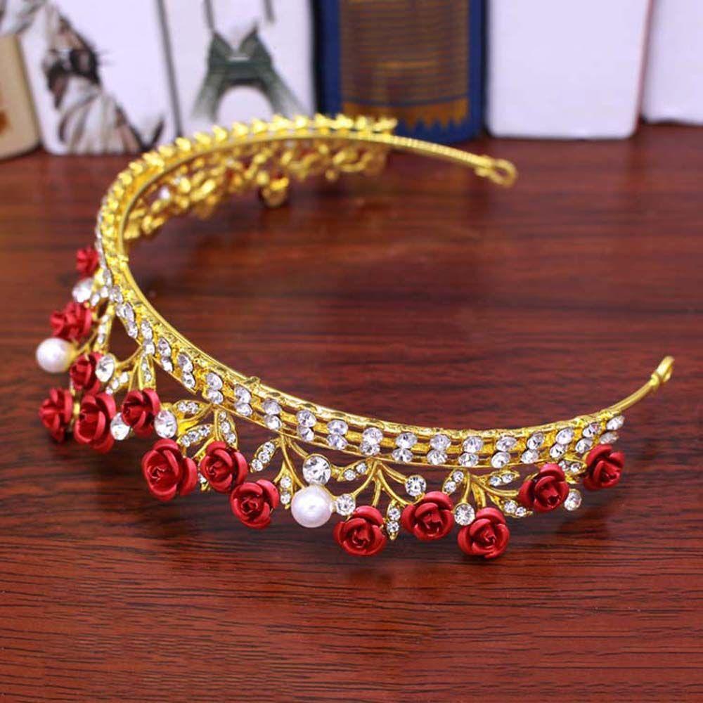 Cài Tóc Cô Dâu Đính Hoa Hồng Đỏ Phong Cách Vintage Thanh Lịch|Vương Miện Hợp Kim Thiết Kế Sang Trọng Cho Nữ