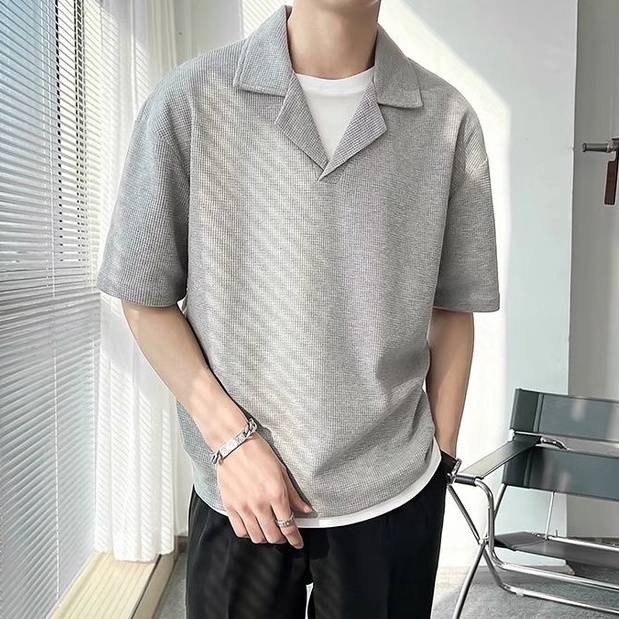 Áo polo Tay Ngắn Dáng Rộng Cổ Bẻ Co Giãn Màu Sắc Trơn Phong Cách Hàn Quốc Dành Cho Nam Sinh
