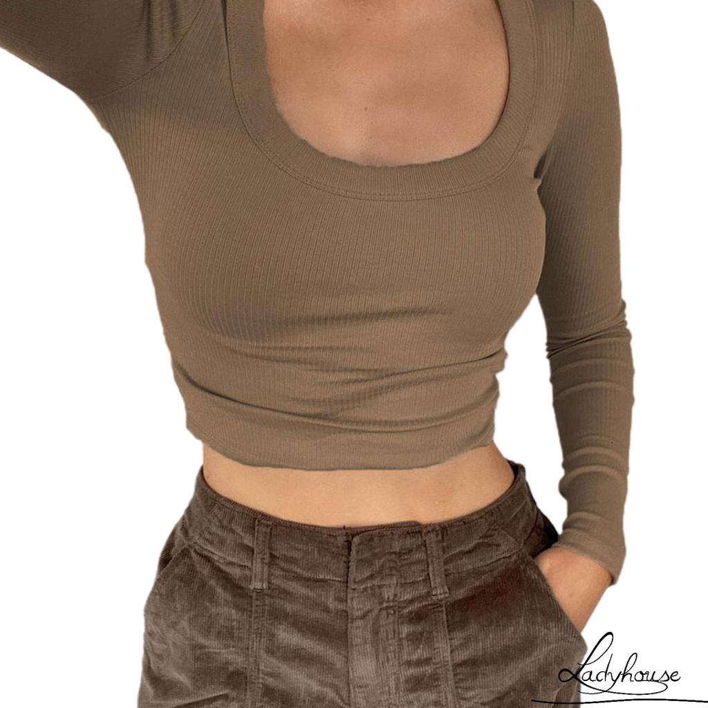 Áo Croptop Tay Dài Màu Trơn Cổ Xẻ Ôm Dáng Thời Trang Xuân Thu Cho Nữ