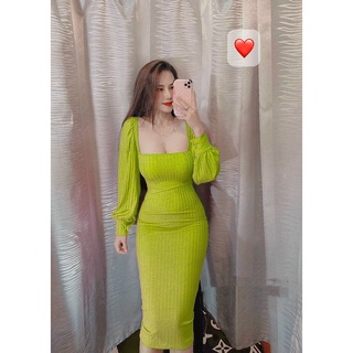 Đầm dài tay bồng vai nhẹ cổ vuông ôm body dáng dài, chất thun gân mềm mịn