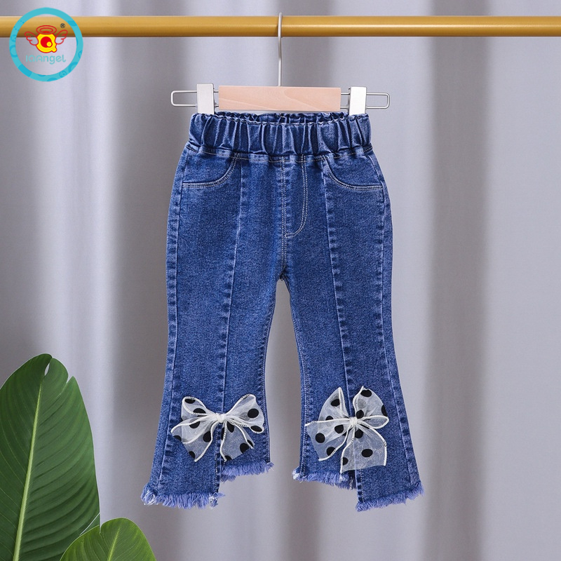 Quần jeans IQ ANGEL ống loe đính nơ thời trang mới cho bé gái