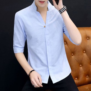 Áo sơ mi đũi tay lỡ dấu cúc cổ tàu